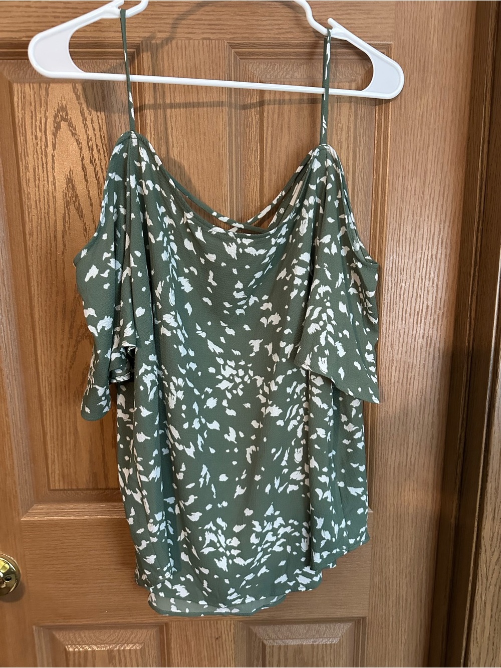 Stitch Fix- Olive Green Printed Cold-Shoulder Cowl Neck Tank Top